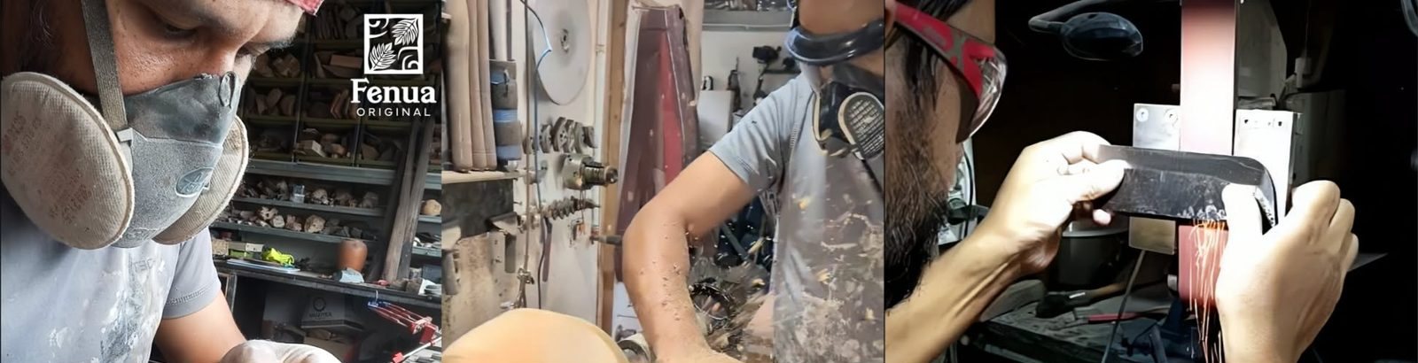 Trois vues de l'atelier : ponçage avec masque, tournage du bois, affûtage à la bande