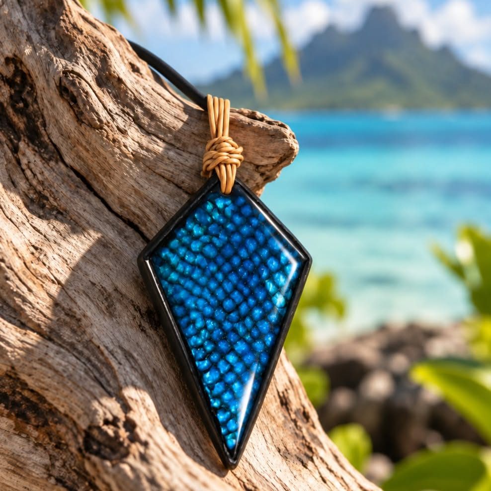 Pendentif en nacre bleue de la collection Tūrama, posé sur du bois flotté face au lagon